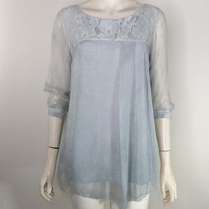 Italian Blouse Smokey Blue Sheer Overlay S Lace Trim